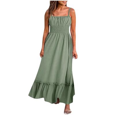 Womens Summer Maxi Dress Sleeveless Floral Spaghetti Strap Smocked Boho Beach Long Dress Beachwear For Vacation