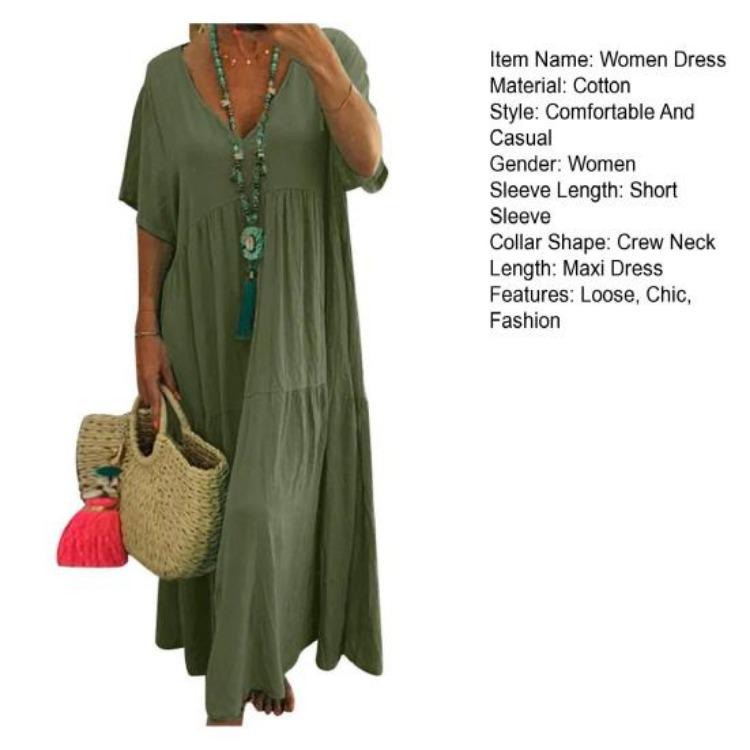 Women Loose V Neck Beach Dress Summer Casual Flowy Cotton Linen Maxi Swing Short Sleeve Tiered Dress