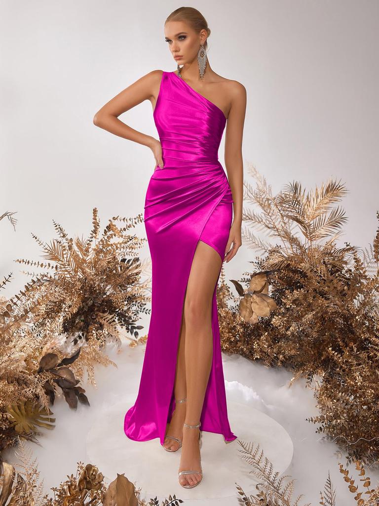 European & American Fashion Ruched One-Shoulder Bodycon Slit Evening Dress – Sexy Goddess Style