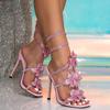 Sommer Sexy Schlangenform Knöchelriemen Strass Schleife Pink Stiletto High Heel Damen Sandalen Bankett Hochzeitsschuhe