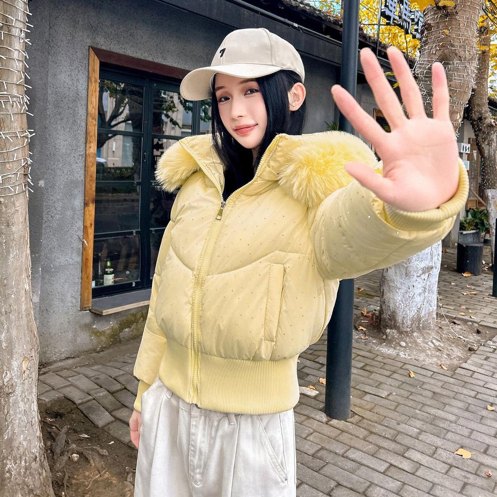 Gypsy Big Fur Collar Short Cotton-padded Clothes Women's Thickened Warm Waist Bread Clothes Jacket Removable Hat Cotton-padded Jacket