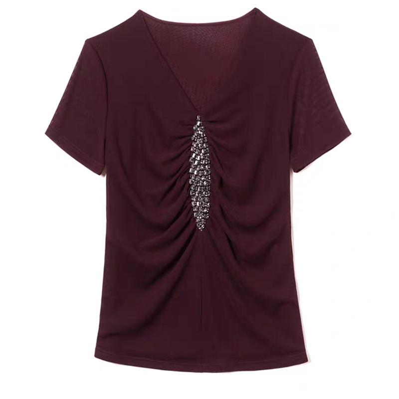 Summer Sexy V-neck Luxury Hot Diamonds Women’s T-Shirt Fashion Slim Mesh Short Sleeve Tees Brand Ladies  All Match Tops
