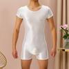 Men Romper Smooth Glossy Surface Highly Elastic Skinny Short Sleeves Solid Color O Neck Tight Fit Fitness Nightclub Playsuit Slim Fit Top