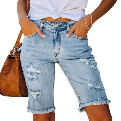 Fringed High-stretch Little Leg Pants Mid-waist Quarter Pants Ripped Jeans Woman