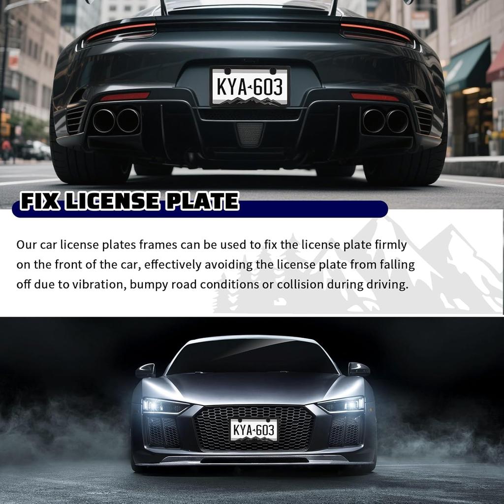 2PCS Car License Plates Frames With Raised Mountain Pattern & Mountain Car Decal,Stylish Cars Plates Frame With Screws & Caps,Decorative Cars