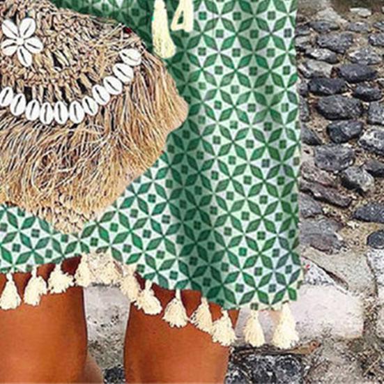 Beach Dress Geometric Print Tassel Women V Neck 3/4 Sleeve Dress for Vacation