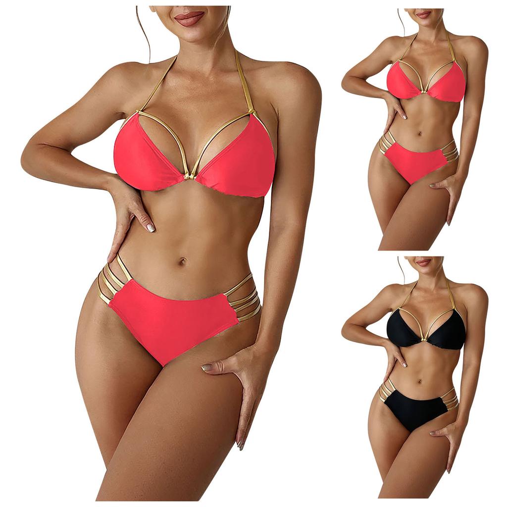 Fashion Women's Sexy Solid Neck Strap Sleeveless Split Swimsuit Bikini