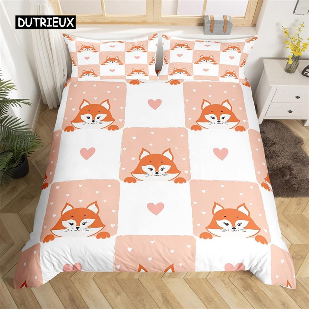 Flickor Tecknad Räv Påslakan Kawaii Djur Täcke Överdrag Mikrofiber Skogsdjur Sängkläder Set Twin Queen För Barn Vuxen
