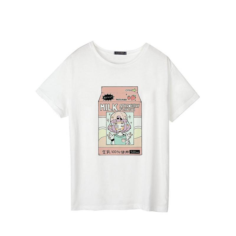 

Japanese Milk Pink Cute Girl Cartoon Peach Casual Large Size Summer Female Short-Sleeved Harajuku T-Shirt S білий