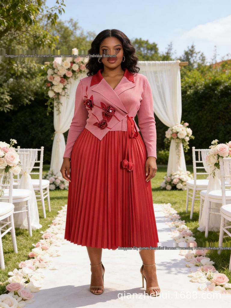 Miyake Plus Size Elegant Casual Pleated Dress with Western-Style Collar - Waist-Cinching Women's Slimming Skirt