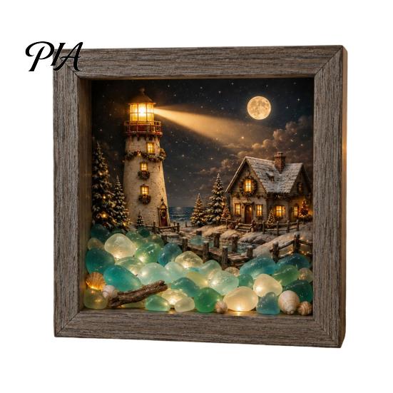 Bedside Ambient Light Christmas Sea Glass Shadow Box Night Light, 3D Winter Snow Scene Wooden Retro Style Wall Decor Art Frame with LED Warm