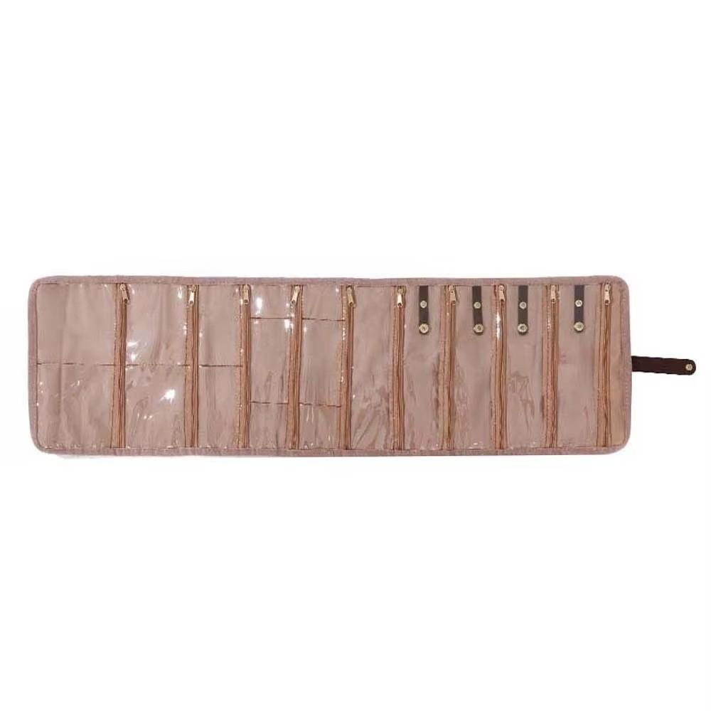 Roll-Up Style Jewelry Organizer Multi-pocket Zipper Anti-lost Jewelry Storage Pouch Flannel Foldable Storage Bag