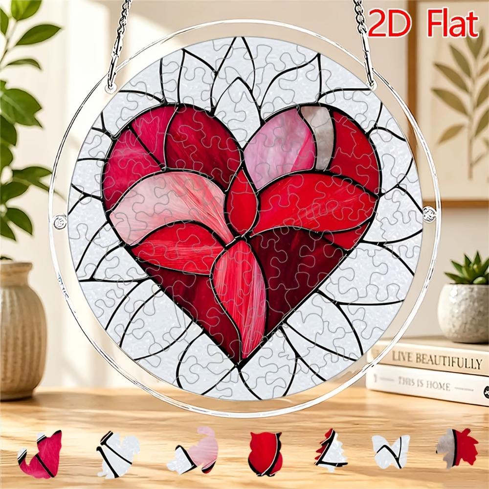 2D Flat Acrylic Puzzle Sunshine Catcher, Gradient Red Heart Theme Sunshine Catcher Puzzle, Home Garden Decor, Suitable for Christmas, Thanksgiving, Va