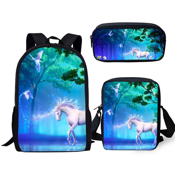 Classic Novelty Unicorn Horse 3D Print 3pcs/Set Pupil School Bags Laptop Daypack Backpack Inclined Shoulder Bag Pencil Case