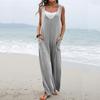 Einfarbiger, dünner Jumpsuit für Damen im Sommer, einteilig, V-Ausschnitt, ärmellos, mit Taschen, lässig, locker, atmungsaktiv, für den Urlaub, weites Bein, lange Hose, Strampler