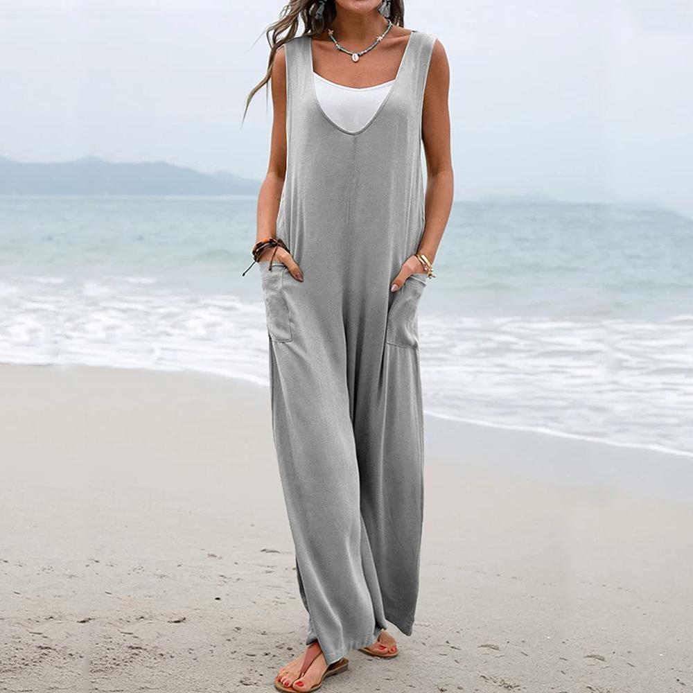 Einfarbiger, dünner Jumpsuit für Damen im Sommer, einteilig, V-Ausschnitt, ärmellos, mit Taschen, lässig, locker, atmungsaktiv, für den Urlaub, weites Bein, lange Hose, Strampler