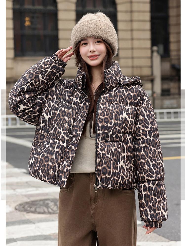 Vintage Odnímatelná Kapuce Leopardí Vzor Krátká Zimní Bunda