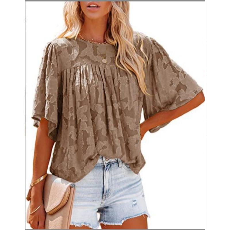 Cute Pleated Flared Sleeve Doll Outfit Round Neck Lace Summer Floral Shirt