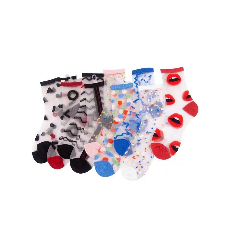 10 Pares Calcetín Mujer Flor Verano Encaje Cristal Seda de Vidrio Calcetines Cortos Finos Transparentes Jacquard Rosas Elásticos Calcetines Ultrafinos