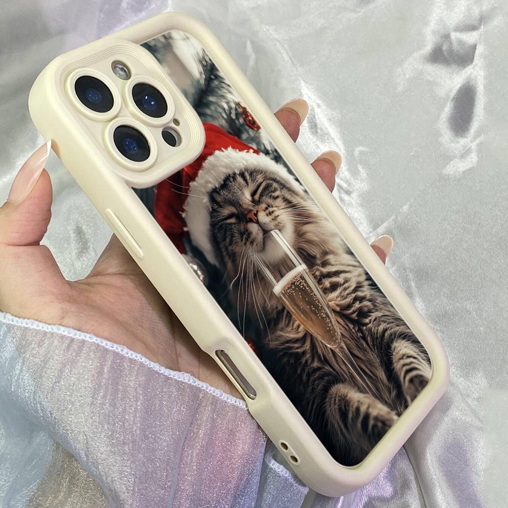 JT136 Christmas cat drinking for iPhone 17 16 15 14 Pro Max Samsung S26 S25 Ultra A17 A16 A07 A56 Xiaomi 15T Redmi 15c 14c 13C Note 14 Soft TPU Case