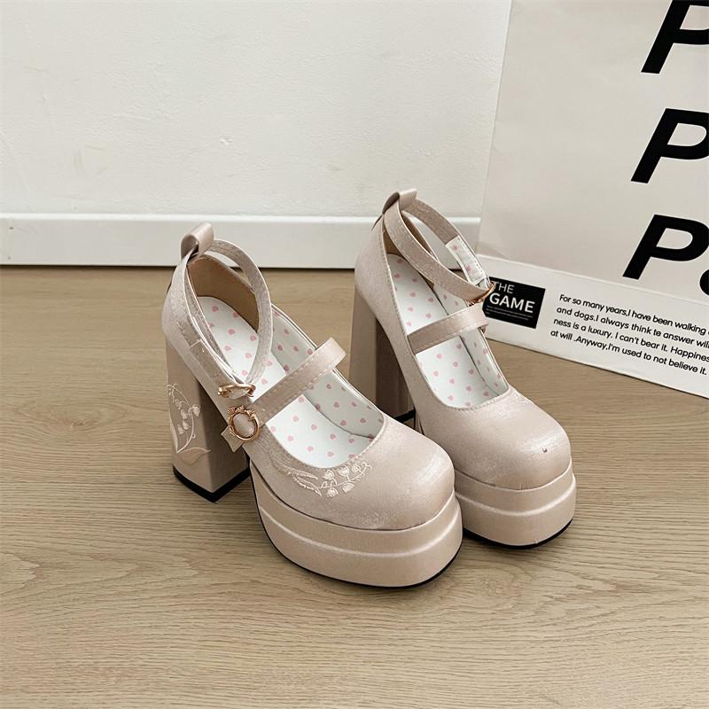 Fashion Women's Thick Heel Shoes Autumn New Round Head Shallow Mouth Embroidery Thick Sole Anti-slip Wear-resistant High Heels