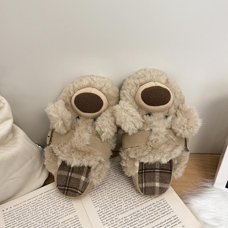 

осень-зима 2025 новые женские тапочки с медведем, пневматические тапочки-куклы с ушками, модные тапочки на платформе с одной лямкой 41 бежевый