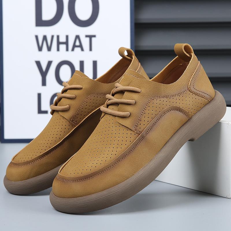 Hollow Leather Shoes Men's Hole Shoes Summer New Men's Shoes Leather Breathable Trend Versatile Platform Retro Casual Shoes