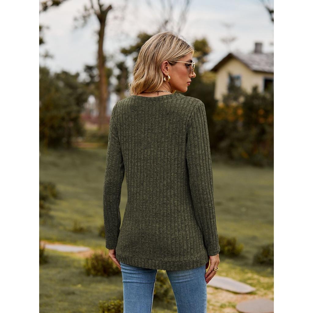 GMXIA Autumn Women's V-neck Wool Pit Strip Solid Color Top Long Sleeve T-shirt