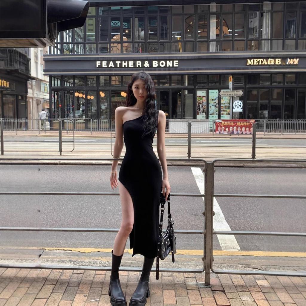 Spice girl pure desire wind slant shoulder hip vest skirt women's summer design sense niche elastic sexy thin dress tide