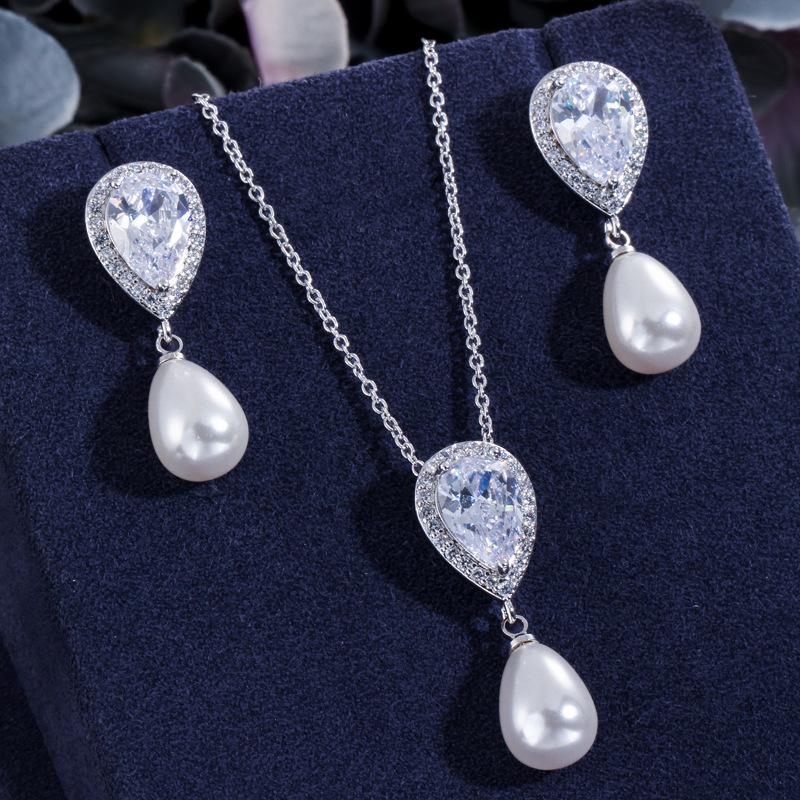 Ki0083 Literary And Artistic Small Fresh Set, Zircon Water Drop Pearl Pendant Earrings Two-Piece Set