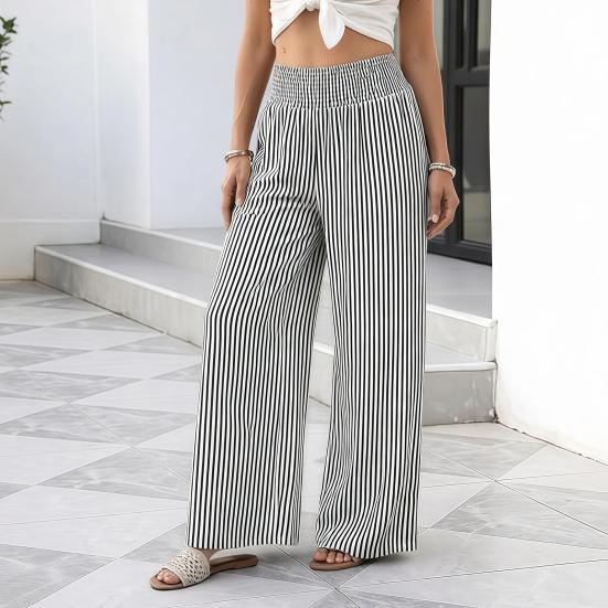 Women Wide Leg Pants Striped Pants, Summer Elastic Waist Casual Soft Lounge Trousers, Breathable Loose Fit Palazzo with Pockets