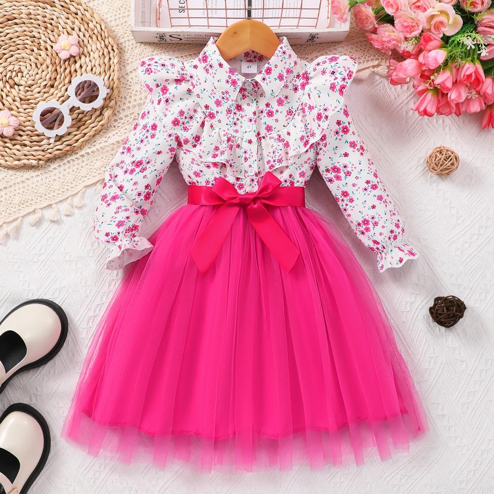 2-7 Years Girls' Floral Print Mesh Dress with Collar and Belt Girls Spring Autumn Winter Dress