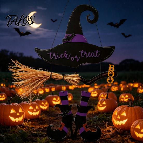 Rustic Halloween Sign Witch Hat Boot Sign, Hanging Trick or Treat Wall Decoration Decor for Home Room, Wooden Front Door Hanger Holiday Party, Or