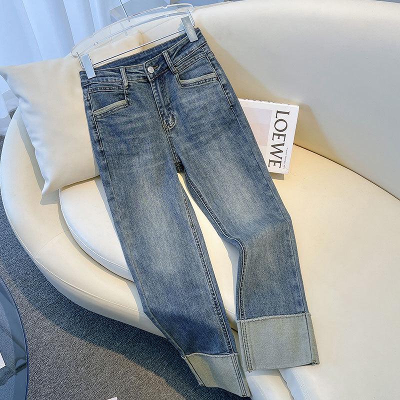 

Women s Retro Contrast Stitch Straight Jeans - Summer Stretch Slim Cigarette Pants L