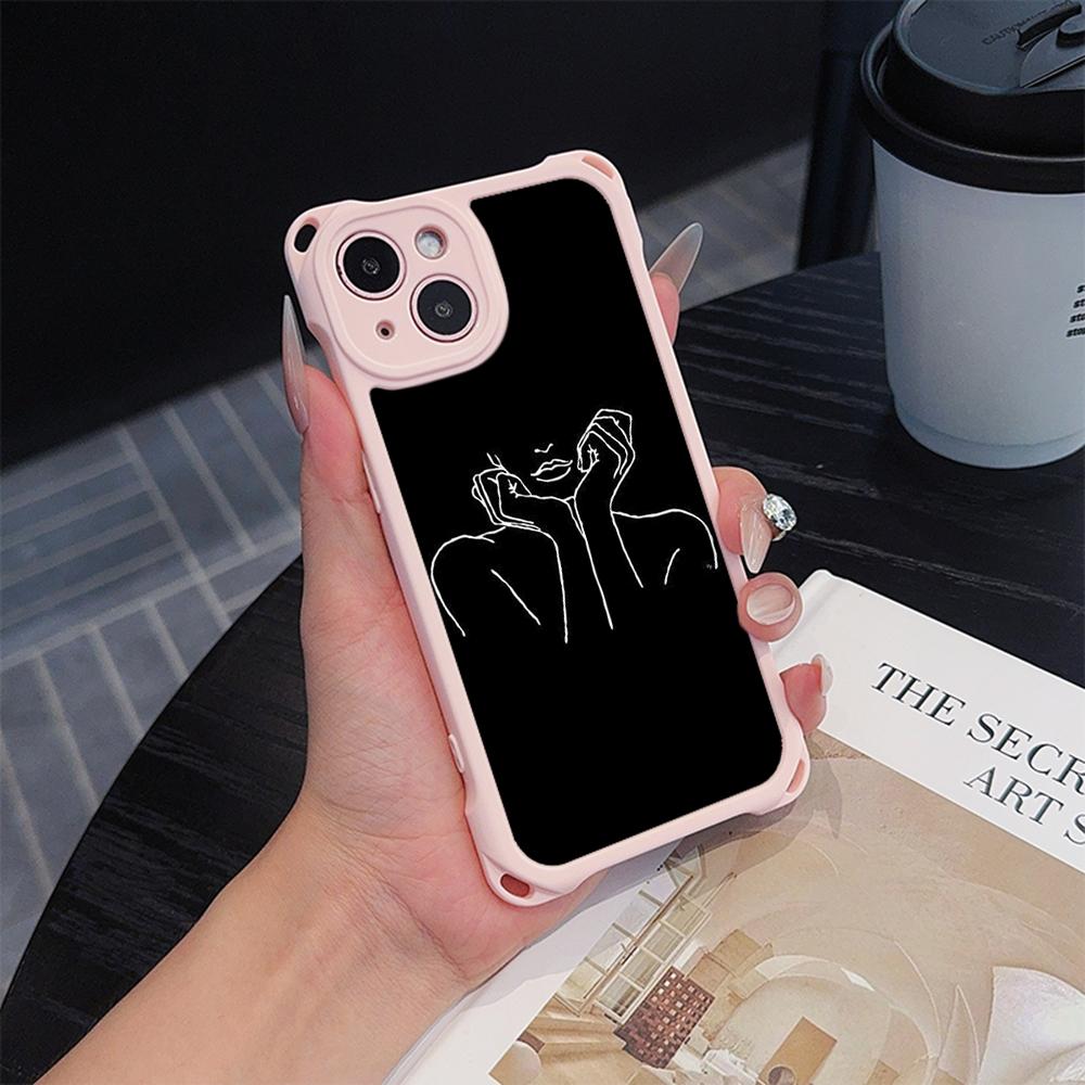 Ae79 Femme Framed Black Art Soft Phone Cases for iPhone 16 15 14 13 12 11 Pro Max 7 8 Plus XR XS with Wrist Strap Lanyard Corner Protection Back Cover