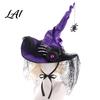Dark Style Gift for Women Halloween Witch Hat Women Gothic Spider Web Mesh Skeleton Hand Pleated Lace Wizard Rose Flower Costume Cosplay Party