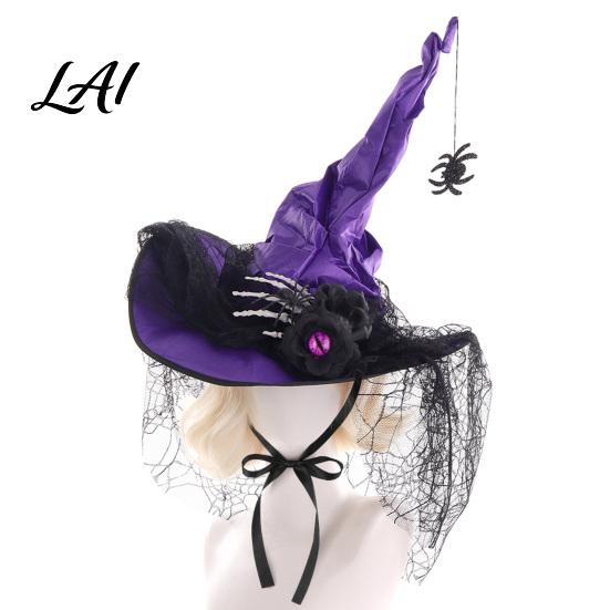 Dark Style Gift for Women Halloween Witch Hat Women Gothic Spider Web Mesh Skeleton Hand Pleated Lace Wizard Rose Flower Costume Cosplay Party