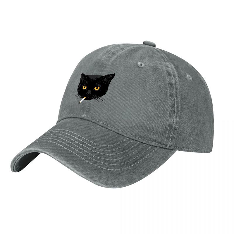 Black Cat Embroidered Washed Canvas Baseball Cap with Cool Feline Design for Casual Streetwear Style and Everyday Wear