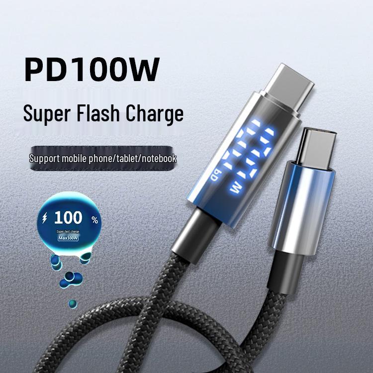 100W Fast Charging Type-C Braided Cable with Digital Display, Compatible with Huawei, Android, Apple Devices