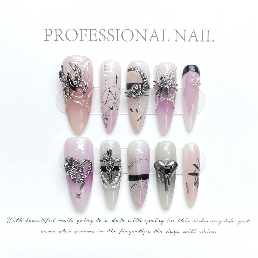 HANDMADE Long Stiletto Fake Nail Art Retro Dark Style Sweet Cool Silver Black Spider Skull Nude Pink Light Purple Gradient Phototherapy Nails