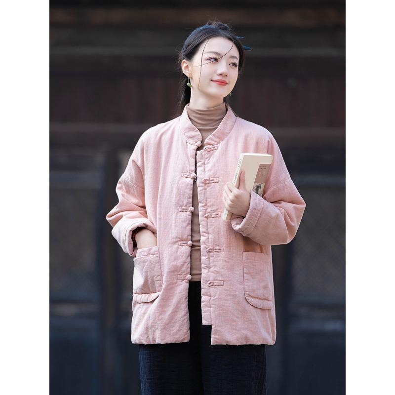 25 Winter New Cotton and Linen Women's Chinese Retro Stand-up Collar Buckle Padded Jacket Women's Padded Thickened Zen Ramie Cotton Jacket