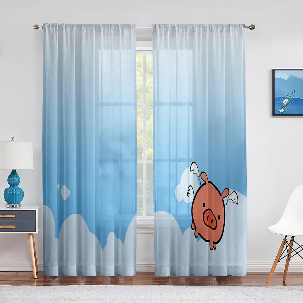 Funny Cartoon Singing Pig Wine Barrel Sheer Voile Curtains for Living Room Bedroom Tulle Curtains Kitchen Window Home Decoration