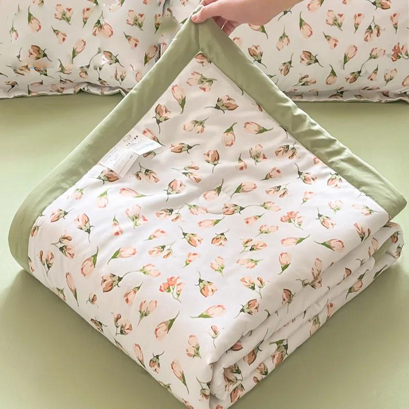 Fashion Flower Print Cool Blanket for Summer Light Skin Friendly Air Conditioner Comforter Single Double Bed Home Decor Quilt