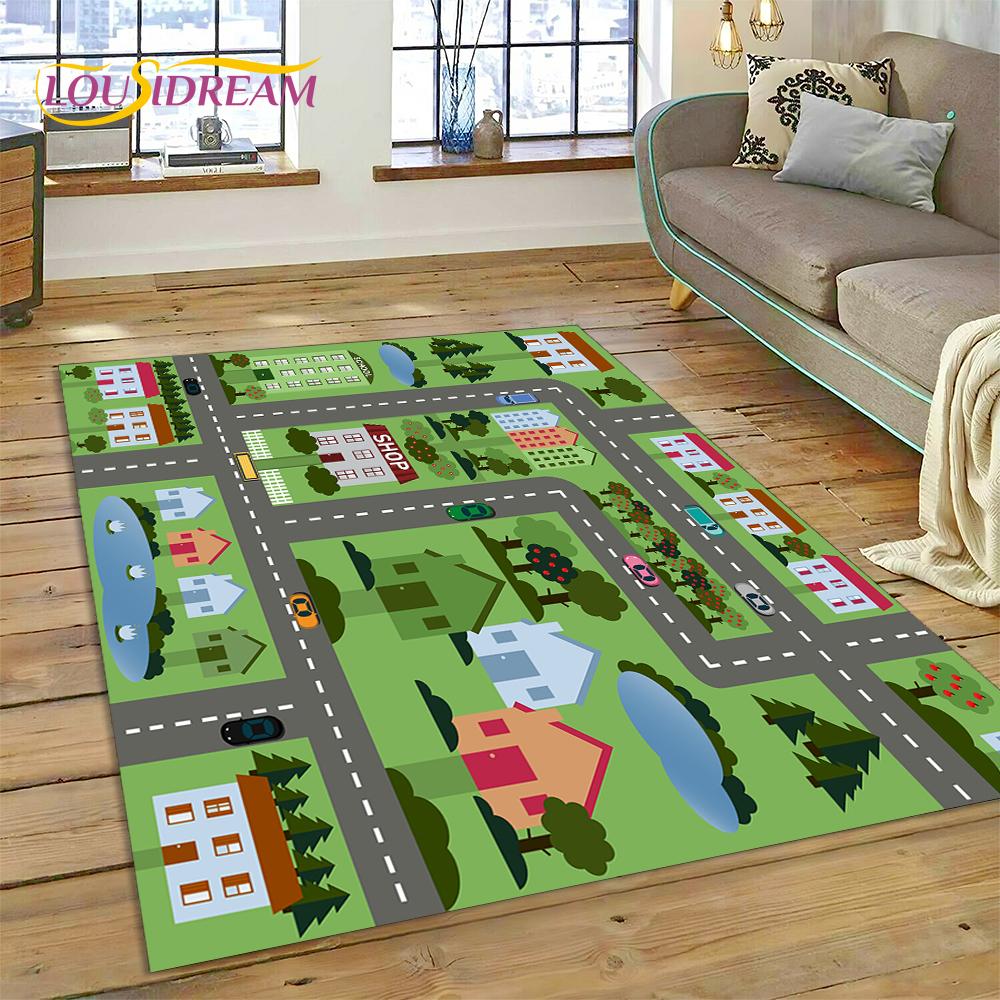 City Traffic Road Map Runway Child PlayMat Highway Playroom Area Rug,Carpet Rug for Living Room Bedroom Sofa Doormat, Non-slip