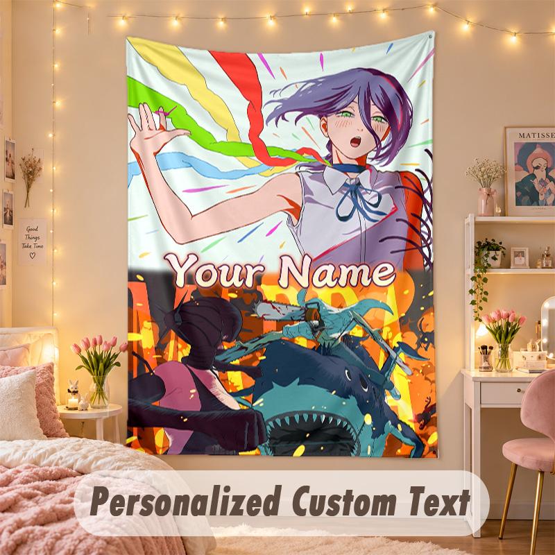 Custom Personalized Tapestry,Chainsaw Man Print Custom Name Text Wall Art Hanging for Bedroom