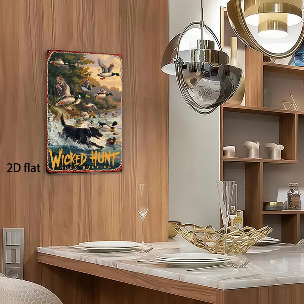 2D Flat Vintage Hunting Duck Metal Wall Art - Wild Duck & Dog Decor, Rustic Farmhouse Iron Sign, for Hunting Cabin/man Cave