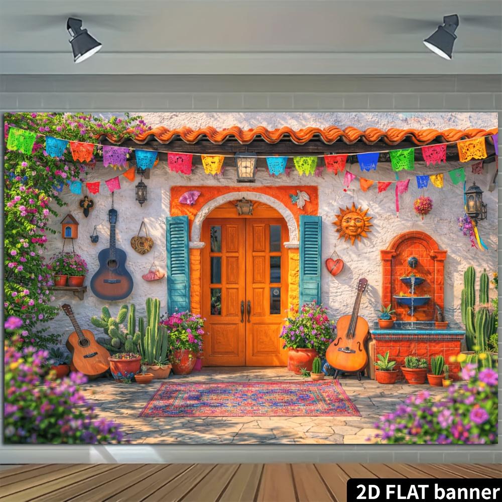 Tissu de fond Thème Cour Mexicaine Ensoleillée 2D - Décoration multifonctionnelle, adaptée aux maisons et aux bureaux
