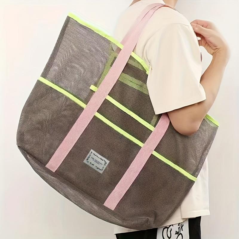 

1pc Large Capacity Tote Bag, Polyester Gym Swimwear Storage Pouch, Portable Foldable Shoulder Mesh Organizer , Hand Washable светло-серый