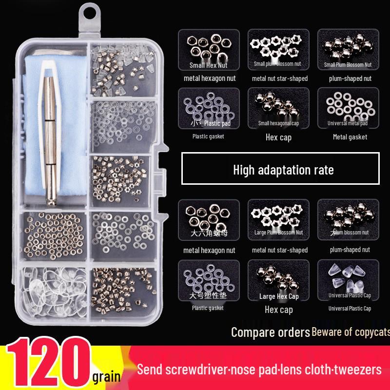 

Glasses Repair Kit: Stainless Steel Screws, Anti-slip Nose Pads, Lens Cloth, Tweezers, and Sleeves