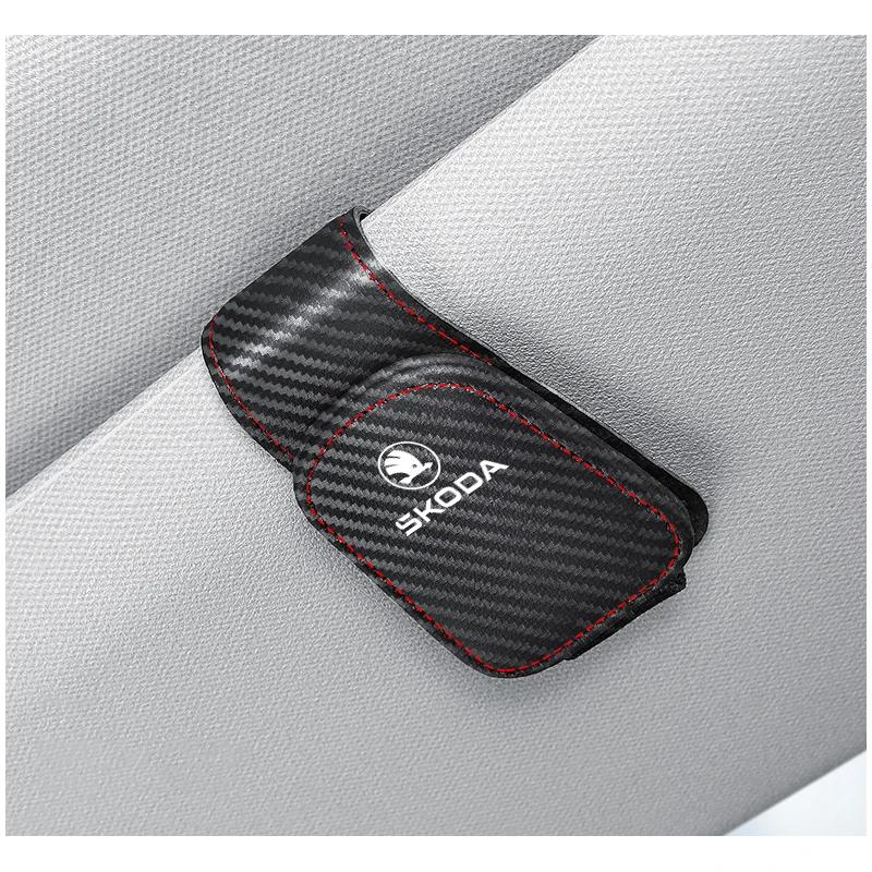 FMO3 Car Logo Sun Visor Glasses Clip Ticket Card Storage Clamp For Skoda Yeti Vrs Kodiaq Kamiq Karoq Octavia Fabia Superb Enyaq Rapid